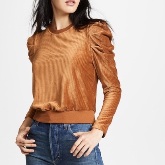 Moon River Tops - Moon River Velour Puff-Sleeve Sweatshirt